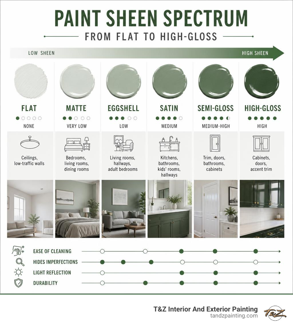 Paint sheen spectrum infographic from flat to high-gloss with room recommendations infographic Paint sheen spectrum infographic from flat to high-gloss with room recommendations infographic