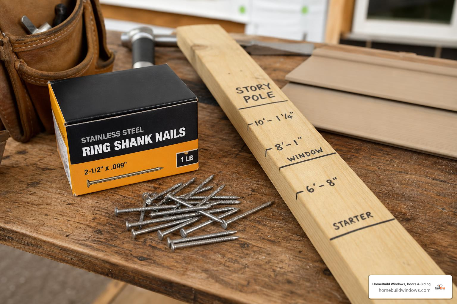 essential siding tools including stainless steel ring-shank nails and a story pole