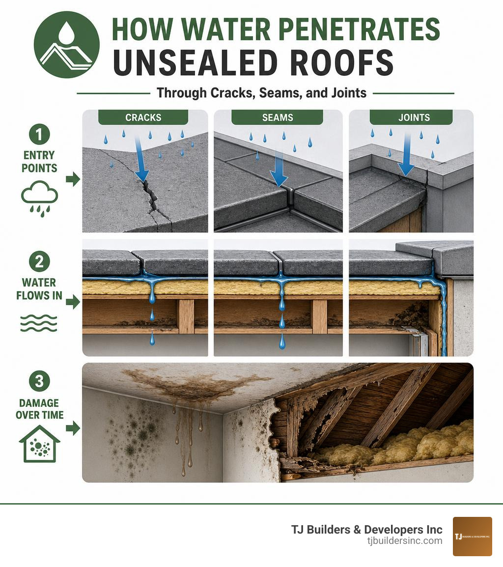 Infographic showing how water penetrates unsealed roofs through cracks, seams, and joints causing mold and structural decay