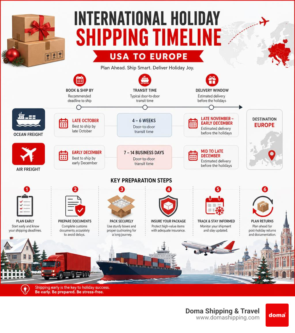 International holiday shipping timeline from USA to Europe with deadlines, transit times, and key preparation steps