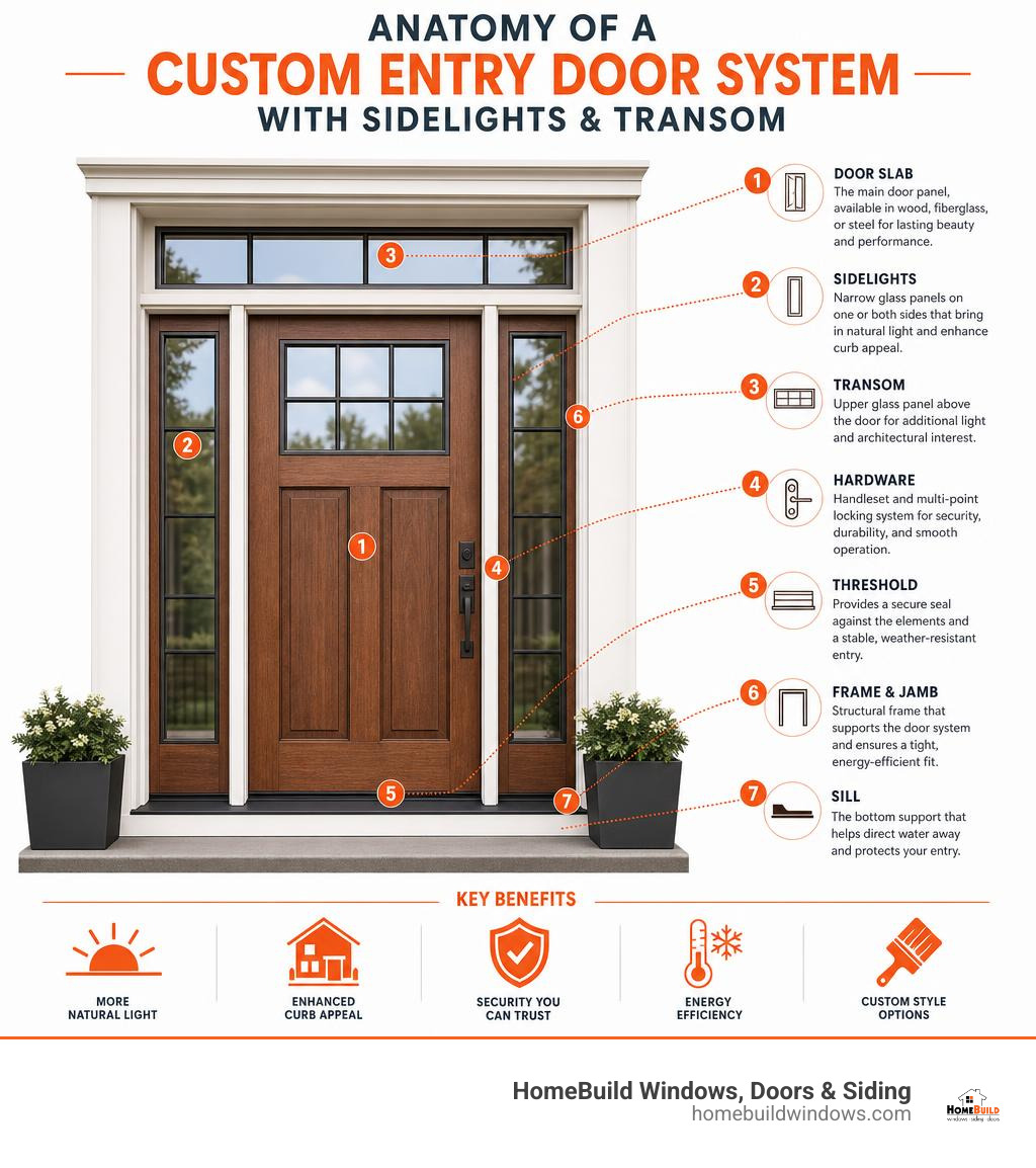 Infographic showing anatomy of a custom entry door system with sidelights, transom, and key components labeled infographic