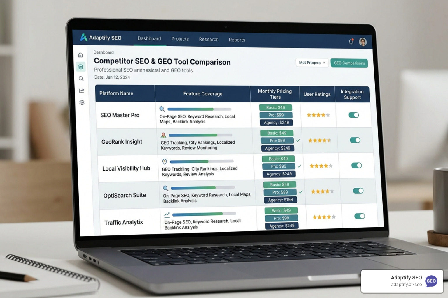 GEO tool comparison chart showing platform coverage and pricing