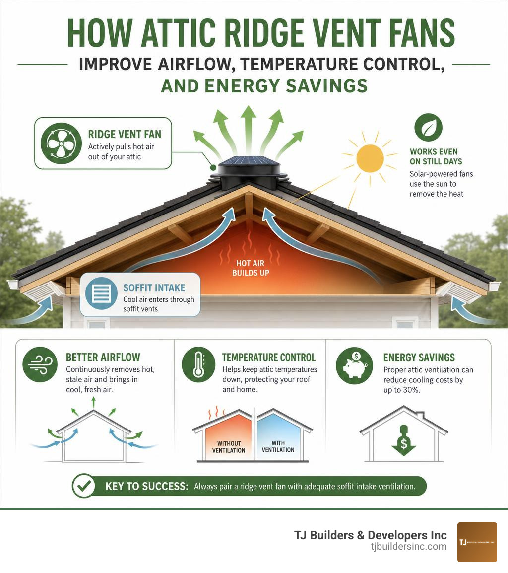 How attic ridge vent fans improve airflow, temperature control, and energy savings infographic infographic How attic ridge vent fans improve airflow, temperature control, and energy savings infographic infographic