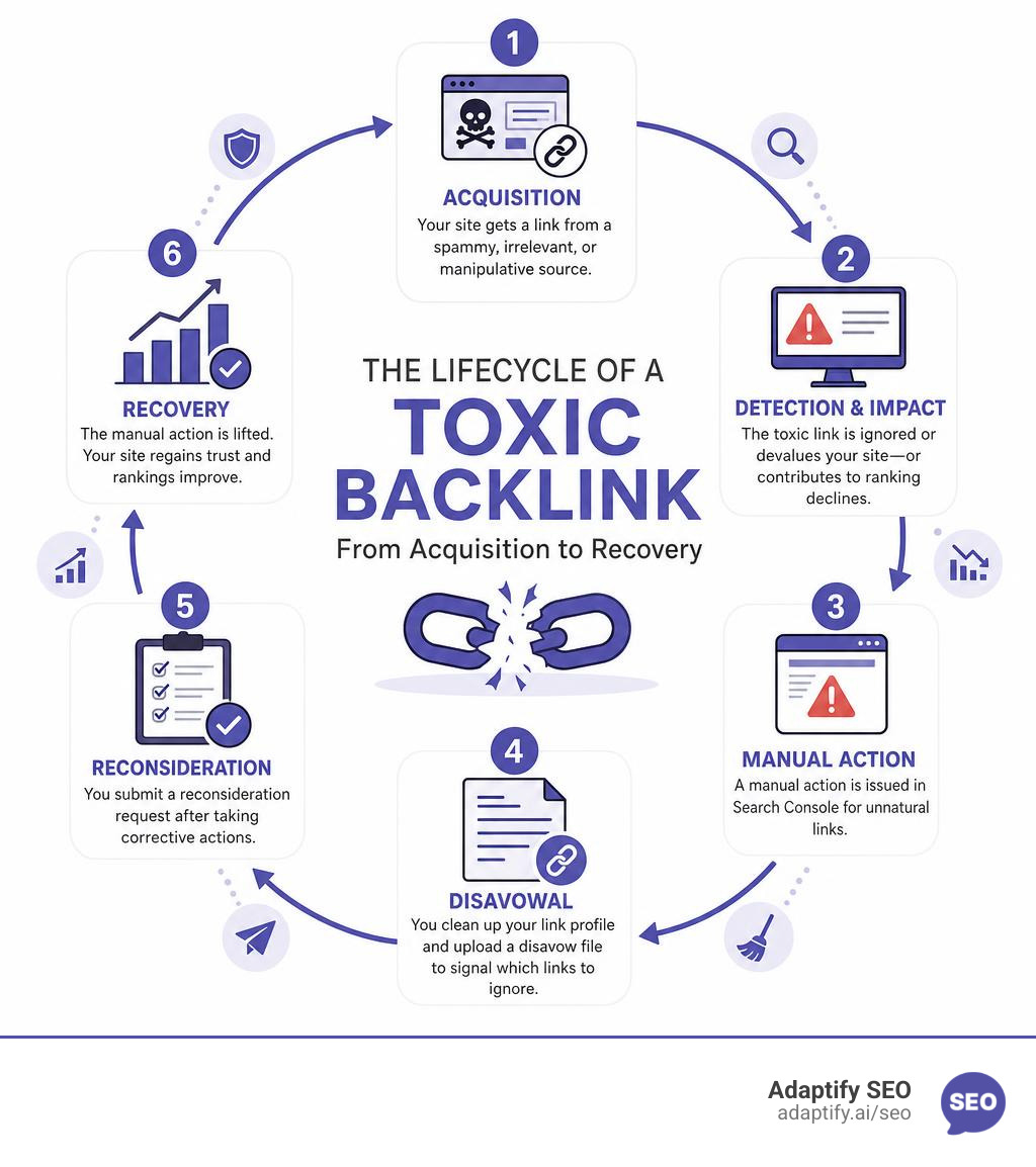 Lifecycle of a toxic backlink from acquisition to manual action to disavowal and recovery infographic