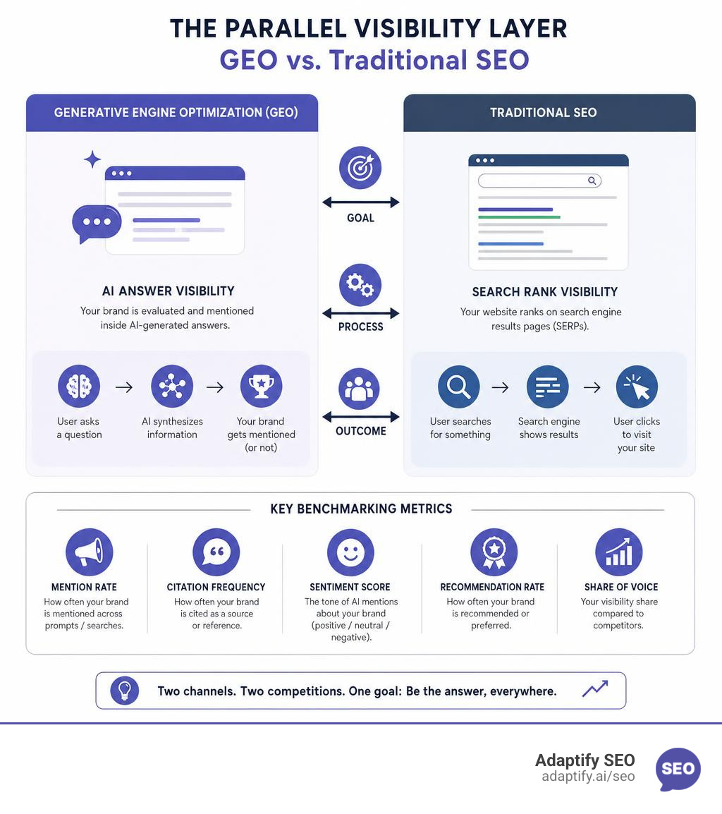 Infographic showing the parallel visibility layer of GEO versus traditional SEO with key benchmarking metrics infographic