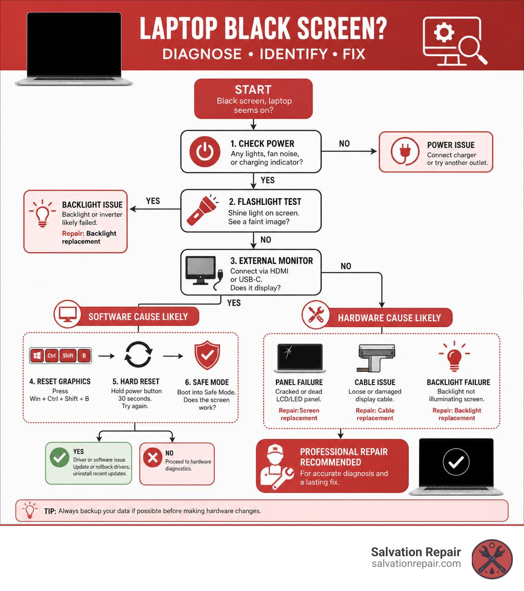Diagnostic flowchart for laptop black screen: software vs hardware causes and repair options infographic