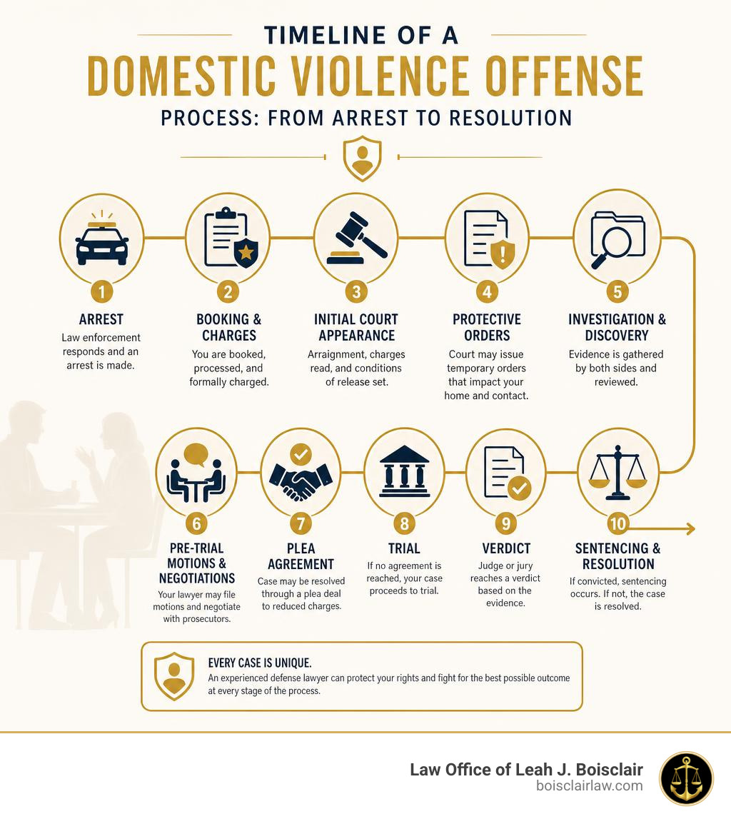 Timeline of a domestic violence offense process from arrest to resolution infographic