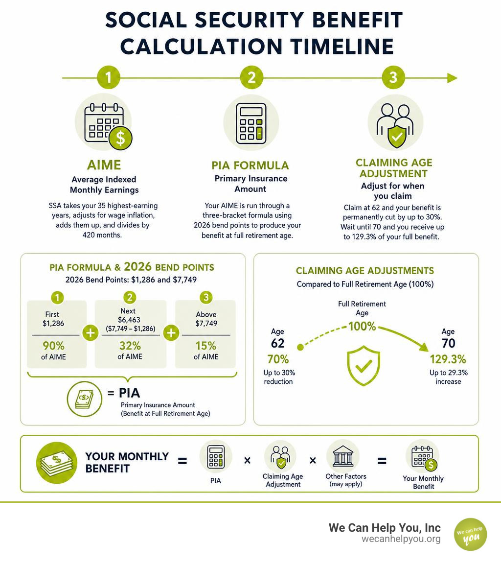 Social Security benefit calculation timeline showing AIME, PIA formula, bend points, and claiming age adjustments infographic