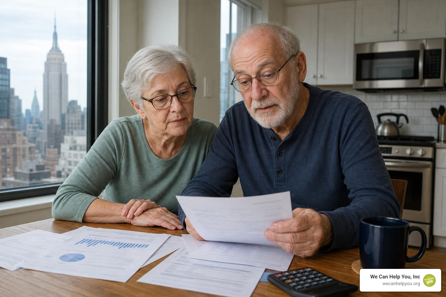 Senior couple in New York reviewing retirement financial documents