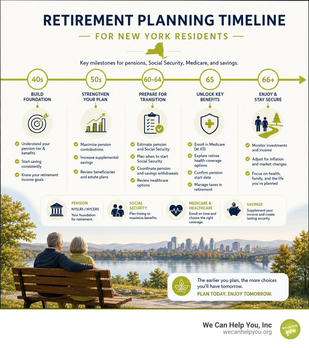 Retirement planning timeline infographic for New York residents showing pension, Social Security, Medicare, and savings