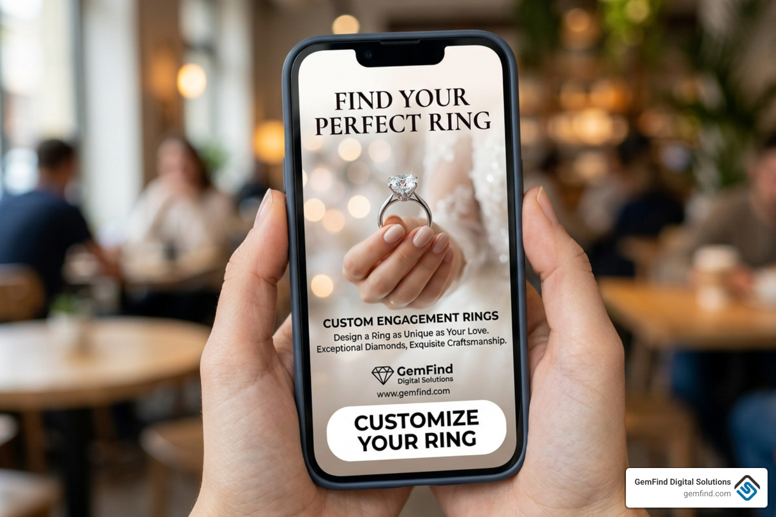 A smartphone displaying a mobile-optimized engagement ring ad with high contrast and interactive "Customize" CTA