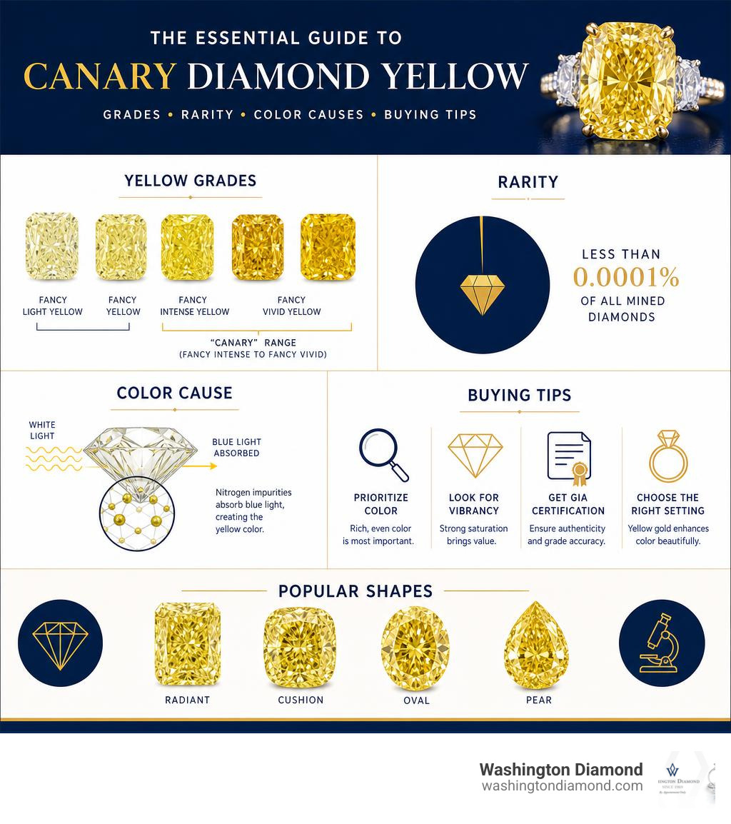 Infographic showing canary diamond yellow grades, rarity, color causes, and buying tips infographic Infographic showing canary diamond yellow grades, rarity, color causes, and buying tips infographic