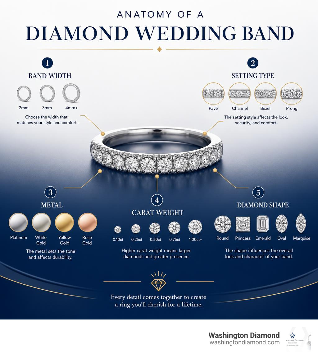 Anatomy of a diamond wedding band: band width, setting type, metal, carat weight, diamond shape infographic