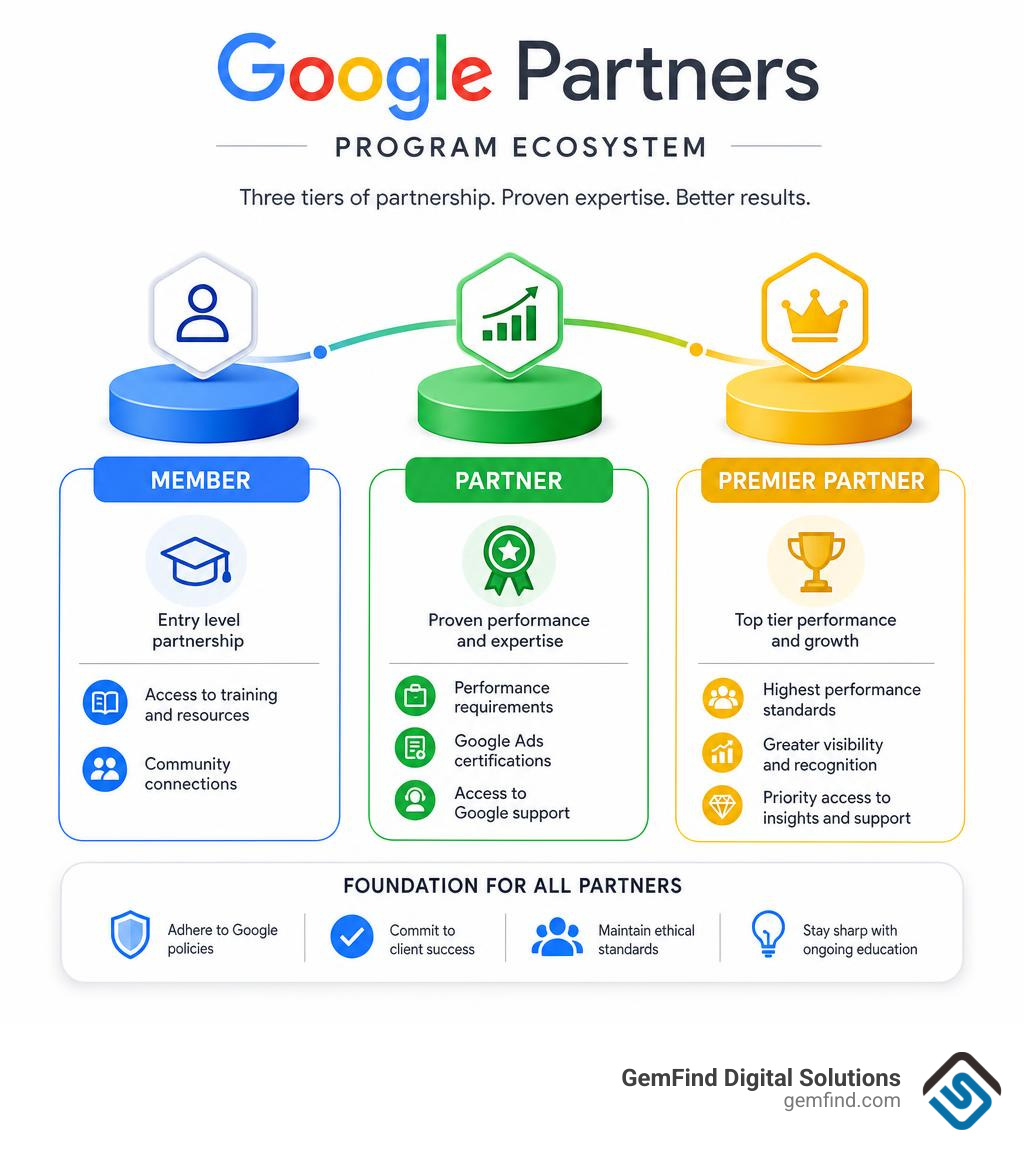 Google Partners program ecosystem infographic showing three tiers Member Partner Premier Partner and their benefits