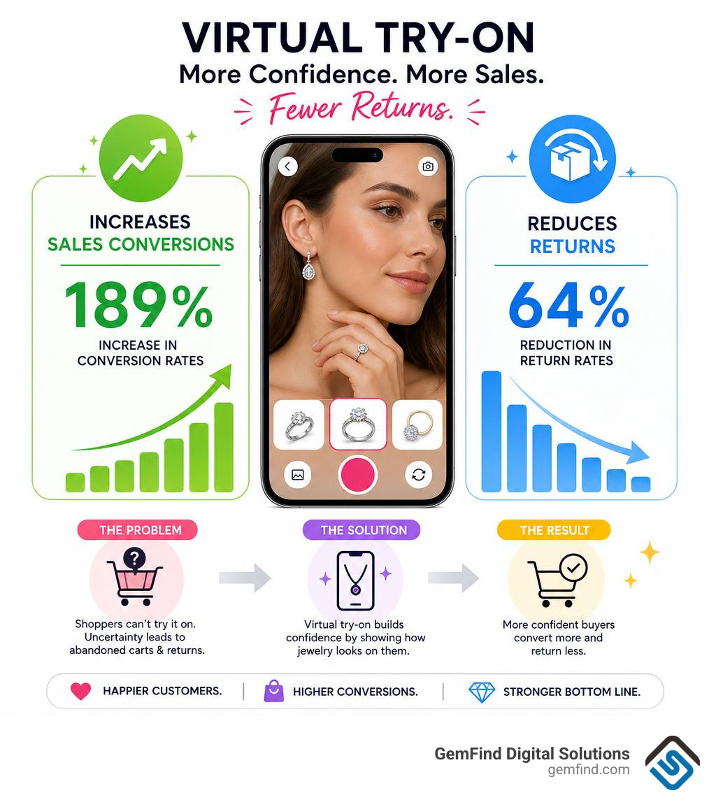 Infographic showing how virtual try-on increases jewelry sales conversions and reduces returns infographic