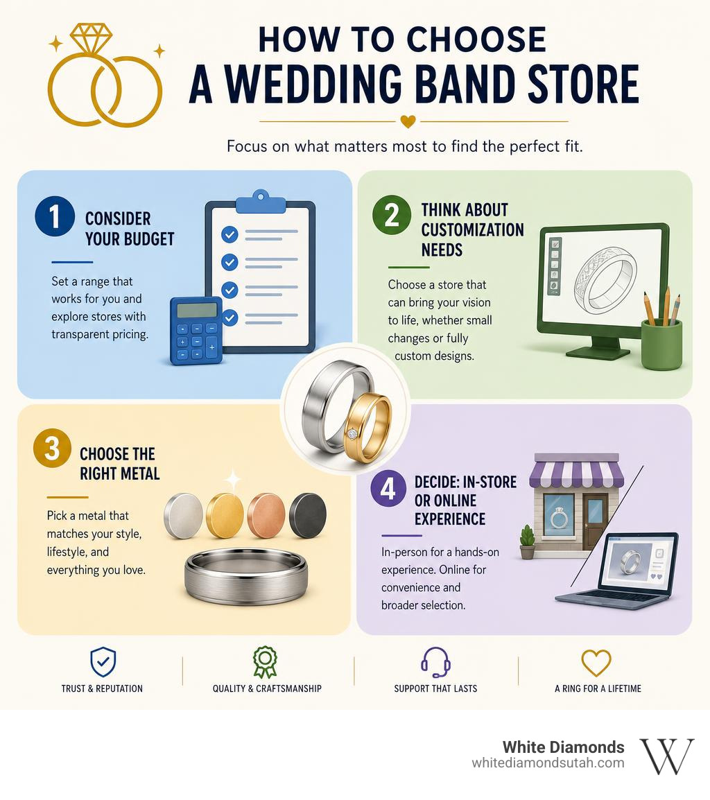 Infographic showing how to choose a wedding band store: consider budget, customization needs, metal type, and in-store vs. Infographic showing how to choose a wedding band store: consider budget, customization needs, metal type, and in-store vs.