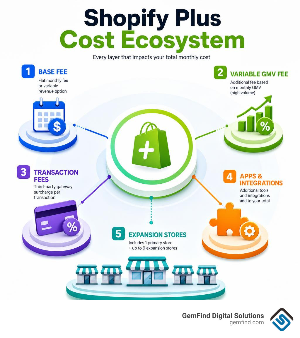 Shopify Plus cost ecosystem infographic showing base fee, variable GMV fee, transaction fees, apps, and expansion stores
