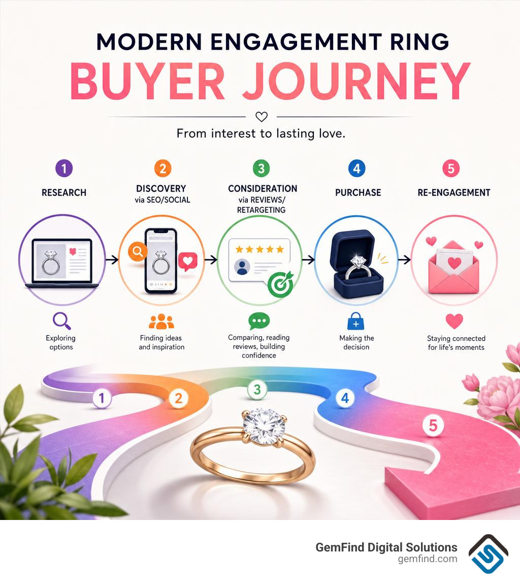 Modern engagement ring buyer journey infographic: Research → Discovery via SEO/Social → Consideration via
