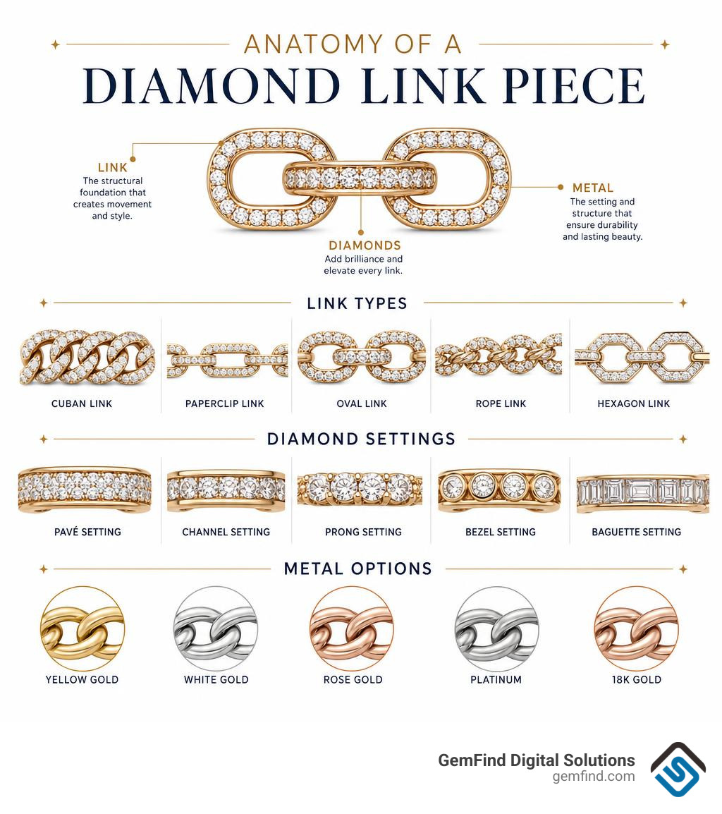 Anatomy of a diamond link piece showing link types, diamond settings, and metal options infographic