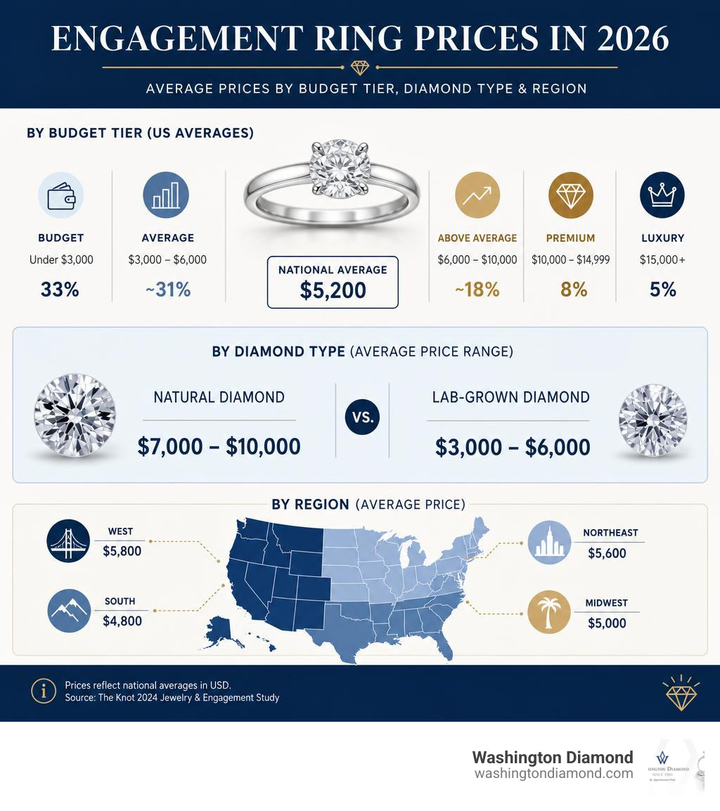 Infographic showing average engagement ring prices in 2026 by budget tier, diamond type, and region infographic