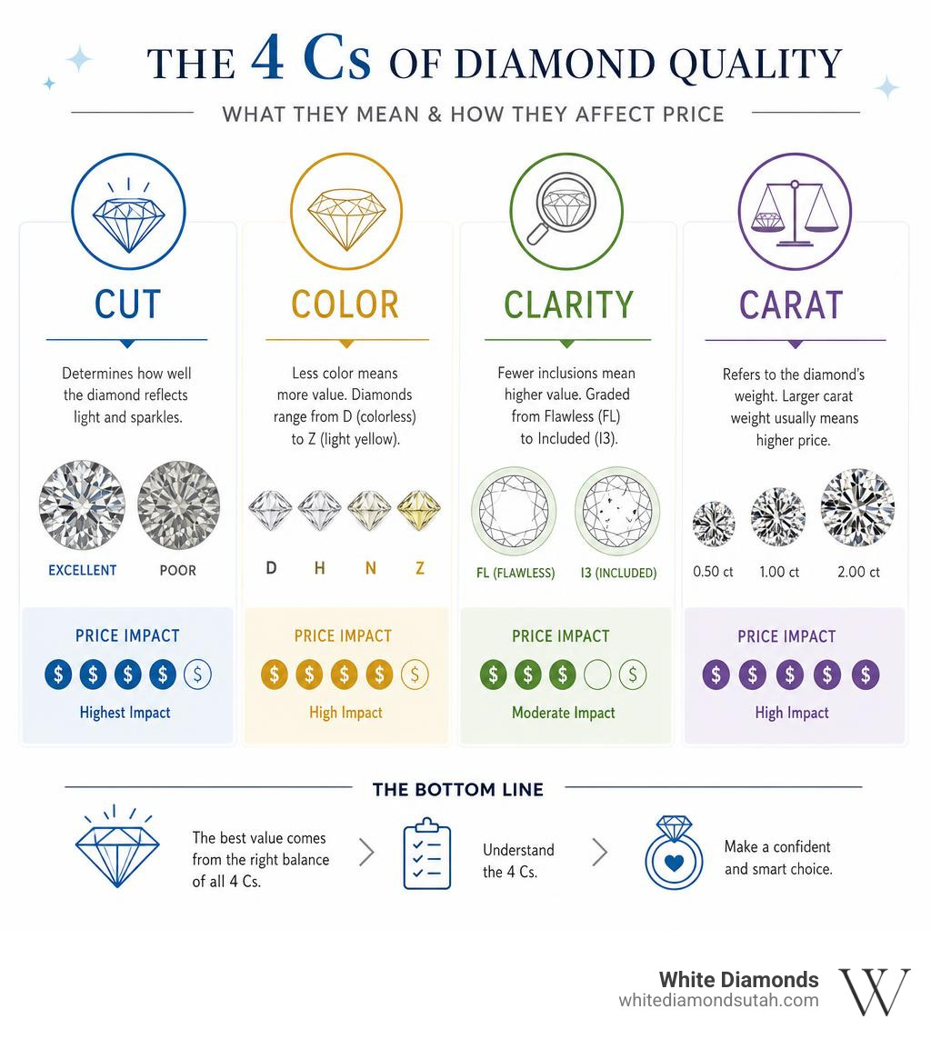 Infographic explaining the 4 Cs of diamond quality: cut, color, clarity, and carat with price impact infographic