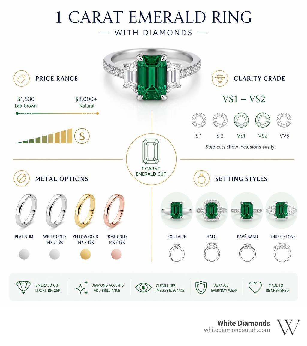 Infographic showing price ranges, clarity grades, metal options, and setting styles for a 1 carat emerald ring with diamonds