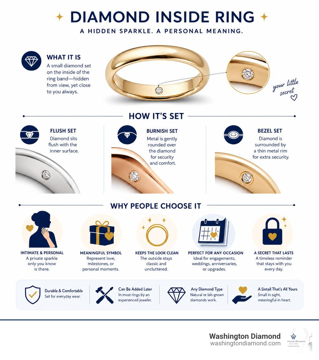 Infographic explaining what a diamond inside a ring band is, how it's set, and why people choose it infographic