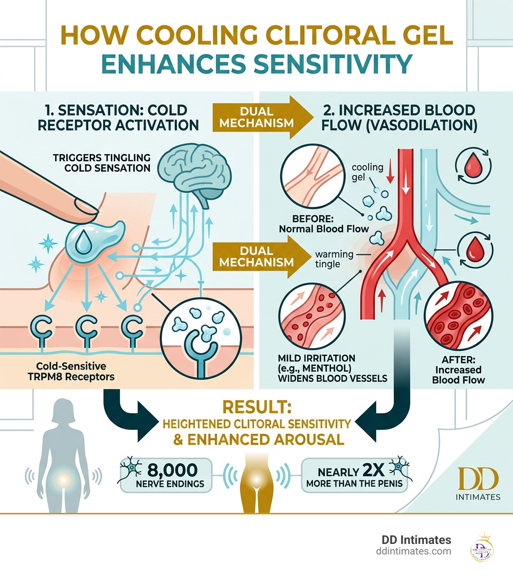 Infographic showing how cooling clitoral gels enhance sensitivity through blood flow and cold receptors infographic