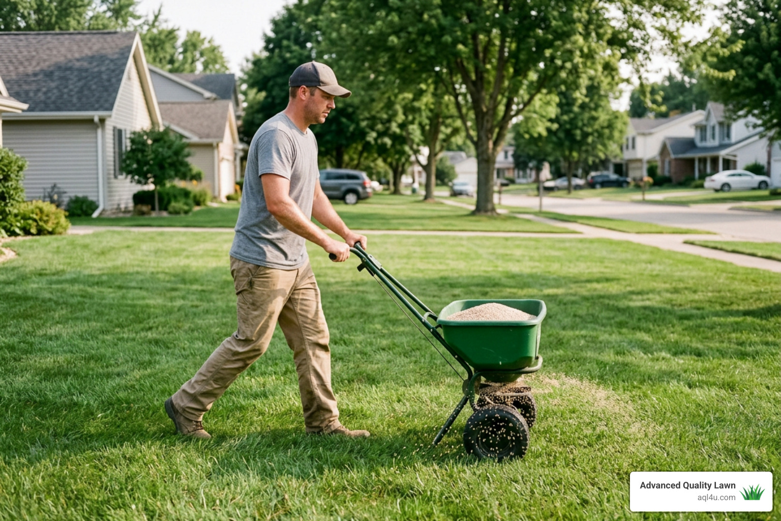 Applying granular ant treatment to a lawn using a walk-behind spreader Applying granular ant treatment to a lawn using a walk-behind spreader