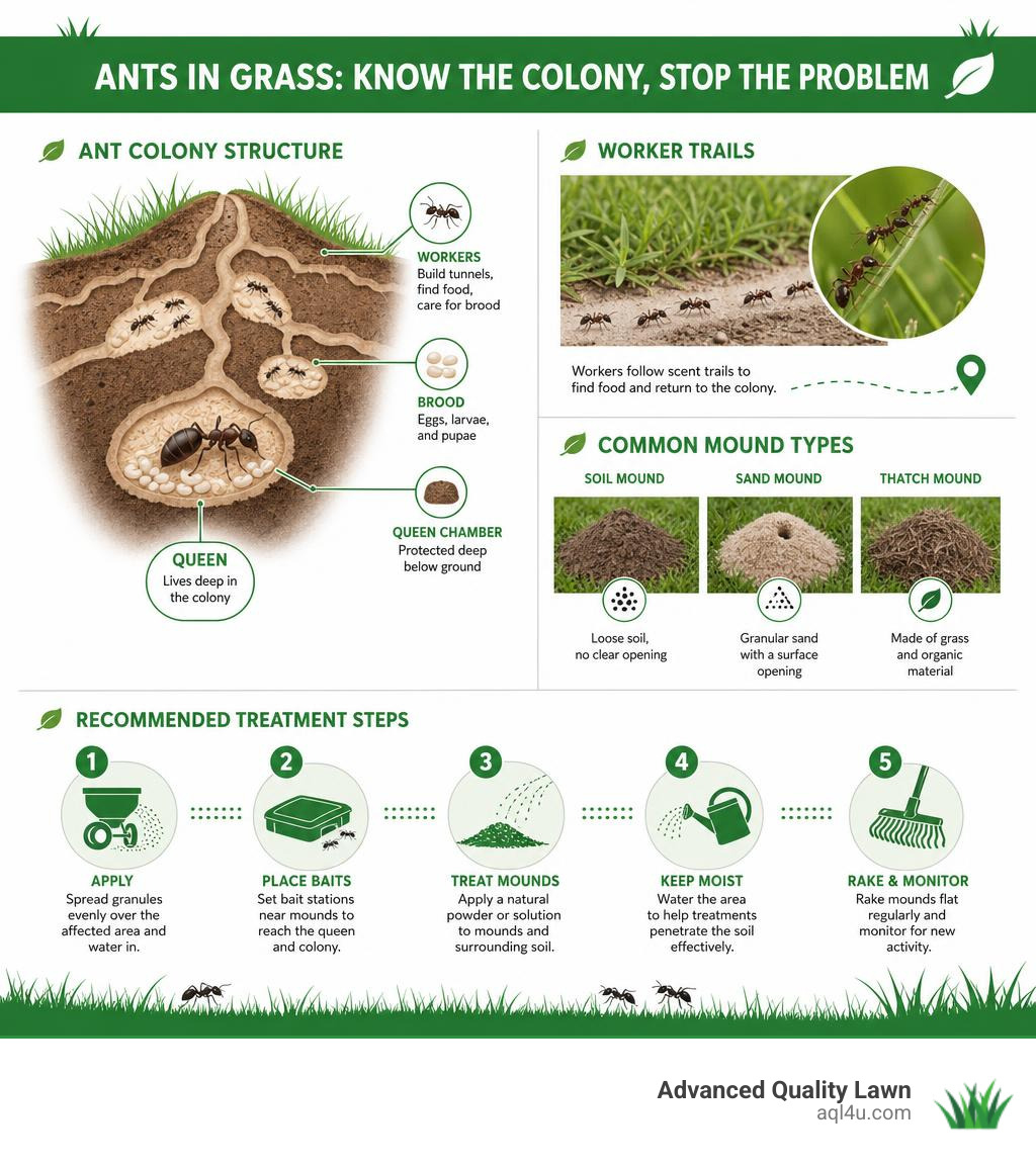 Infographic showing ant colony structure, worker trails, queen location, mound types, and recommended treatment steps Infographic showing ant colony structure, worker trails, queen location, mound types, and recommended treatment steps