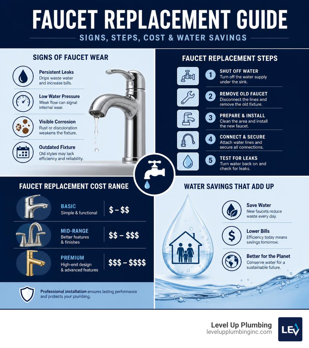 Infographic showing signs of faucet wear, replacement steps, cost ranges, and water savings infographic