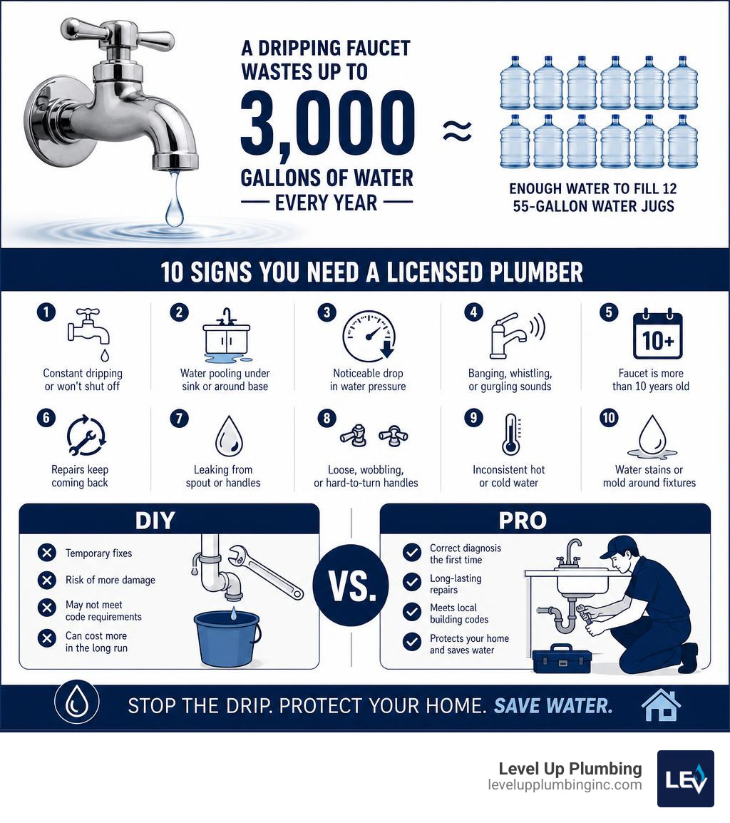 Infographic showing household water leak impact: dripping faucet wastes 3000 gallons/year, 10 signs you need a licensed Infographic showing household water leak impact: dripping faucet wastes 3000 gallons/year, 10 signs you need a licensed