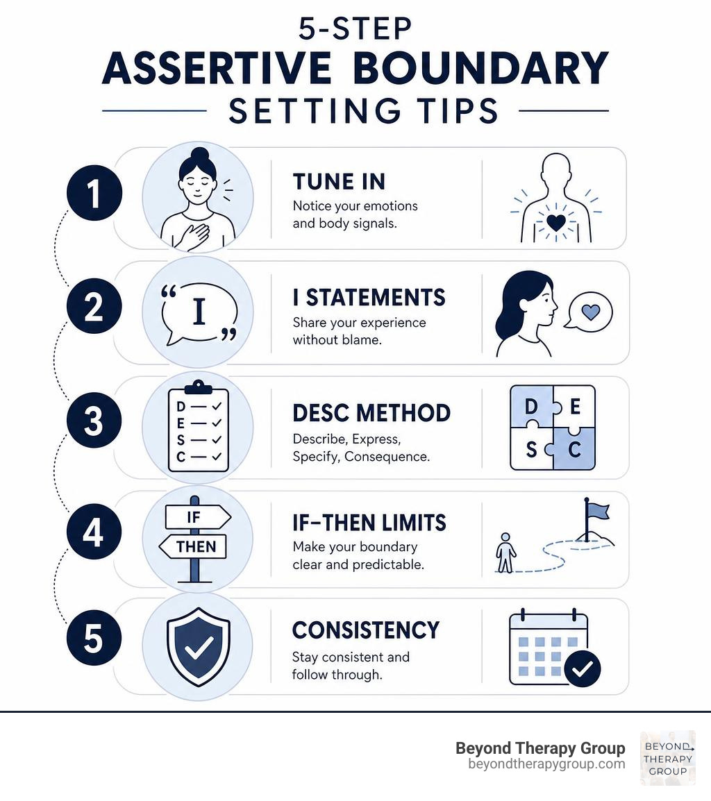 5-step assertive boundary setting tips infographic showing tune in, I statements, DESC method, IF-THEN limits, consistency 5-step assertive boundary setting tips infographic showing tune in, I statements, DESC method, IF-THEN limits, consistency
