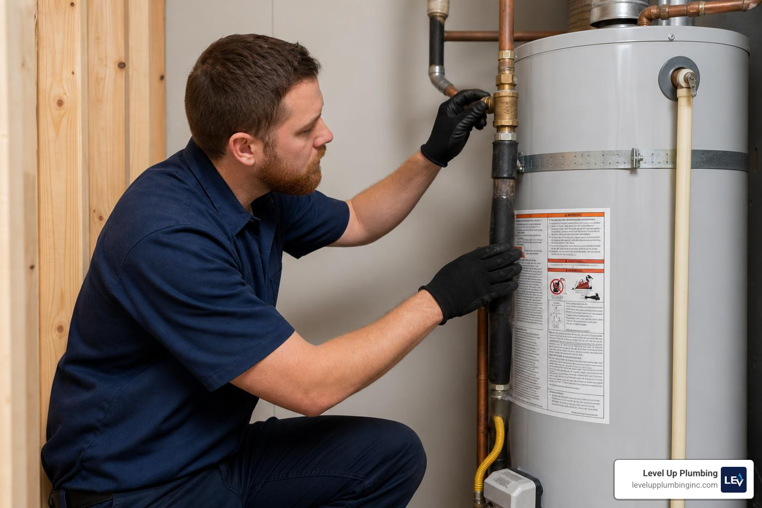 A professional plumber performing water heater maintenance and check valve inspection