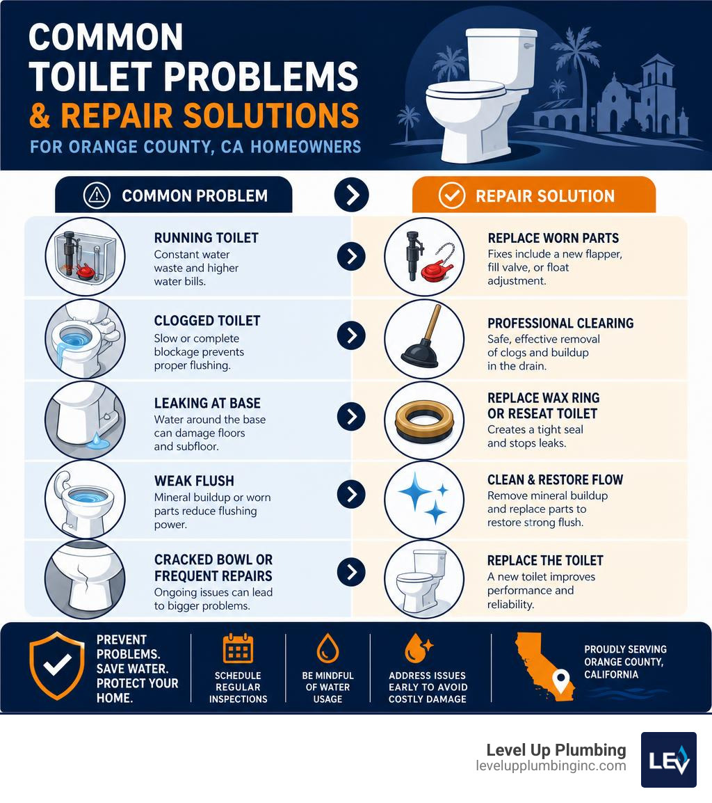 Common toilet problems and repair solutions infographic for Orange County CA homeowners infographic