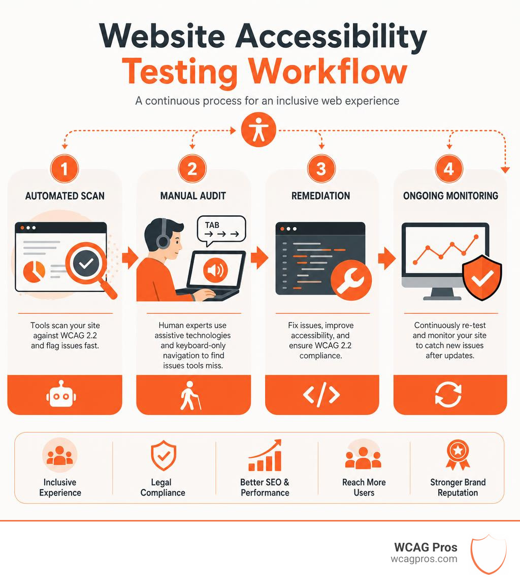 Infographic showing website accessibility testing workflow from automated scan to manual audit to remediation to ongoing Infographic showing website accessibility testing workflow from automated scan to manual audit to remediation to ongoing