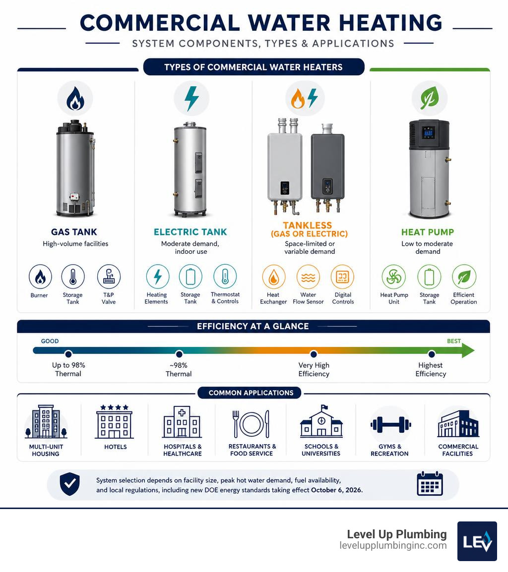 Commercial water heating system components infographic showing types, efficiency ratings, and applications infographic Commercial water heating system components infographic showing types, efficiency ratings, and applications infographic