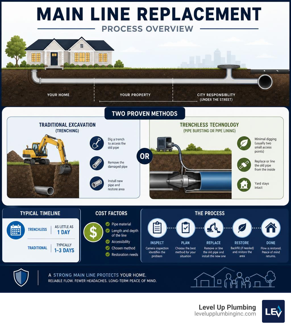 Main line replacement process overview infographic with methods costs and timeline infographic Main line replacement process overview infographic with methods costs and timeline infographic