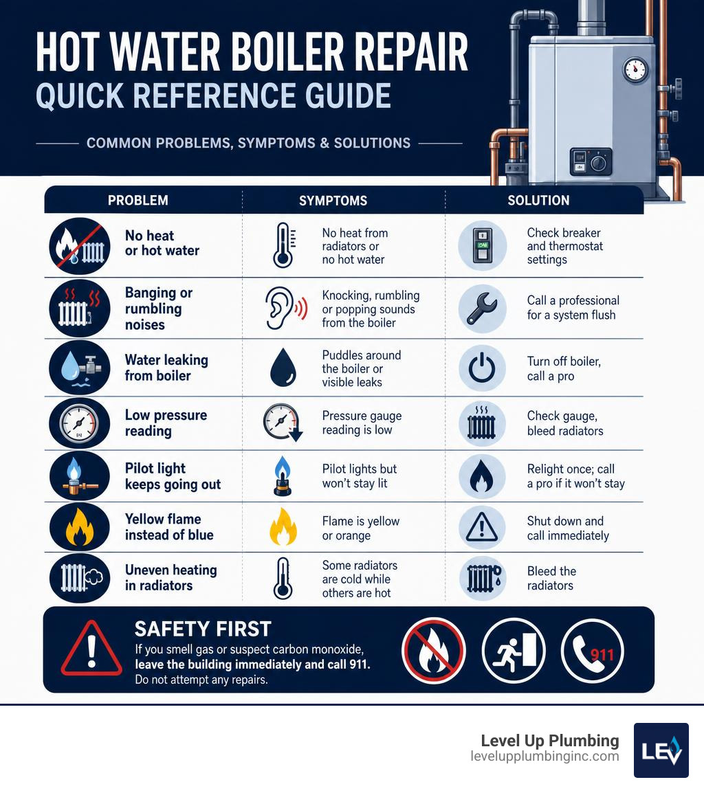 Hot water boiler repair quick reference infographic with common problems, symptoms, and solutions infographic Hot water boiler repair quick reference infographic with common problems, symptoms, and solutions infographic