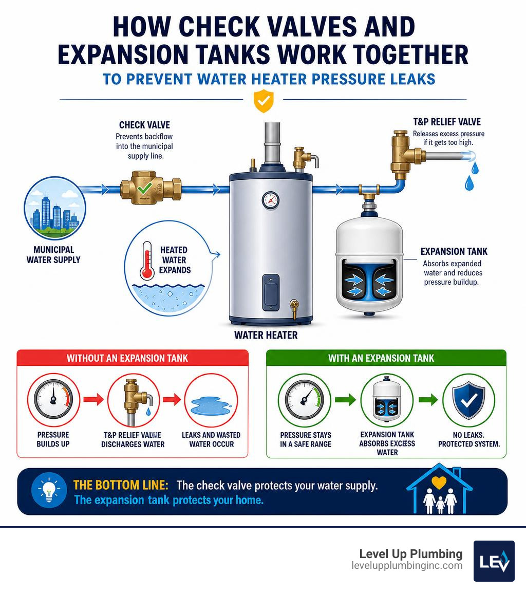 How check valves and expansion tanks work together to prevent water heater pressure leaks infographic
