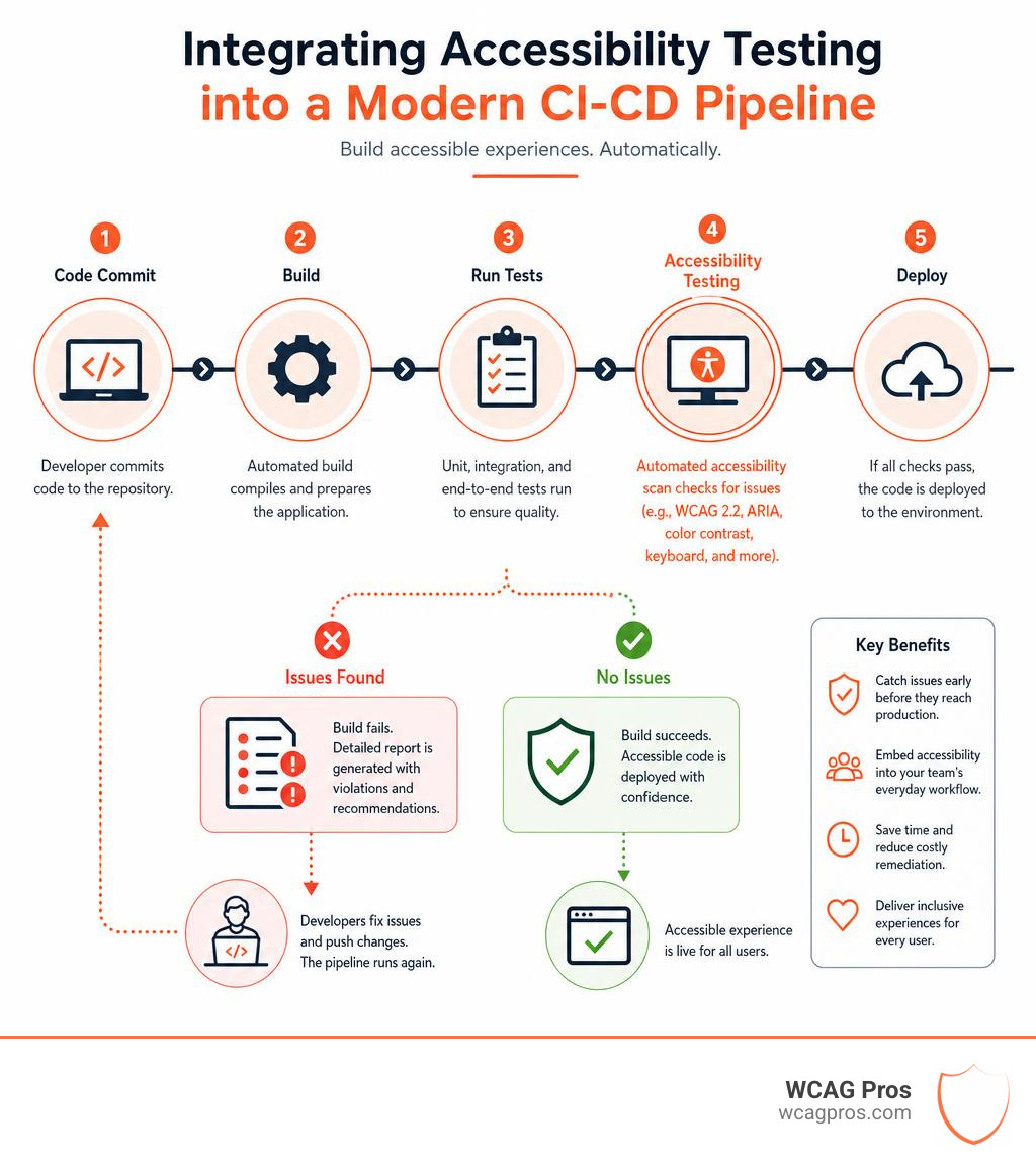 Infographic detailing the process of integrating accessibility testing into a modern CI CD pipeline infographic Infographic detailing the process of integrating accessibility testing into a modern CI CD pipeline infographic