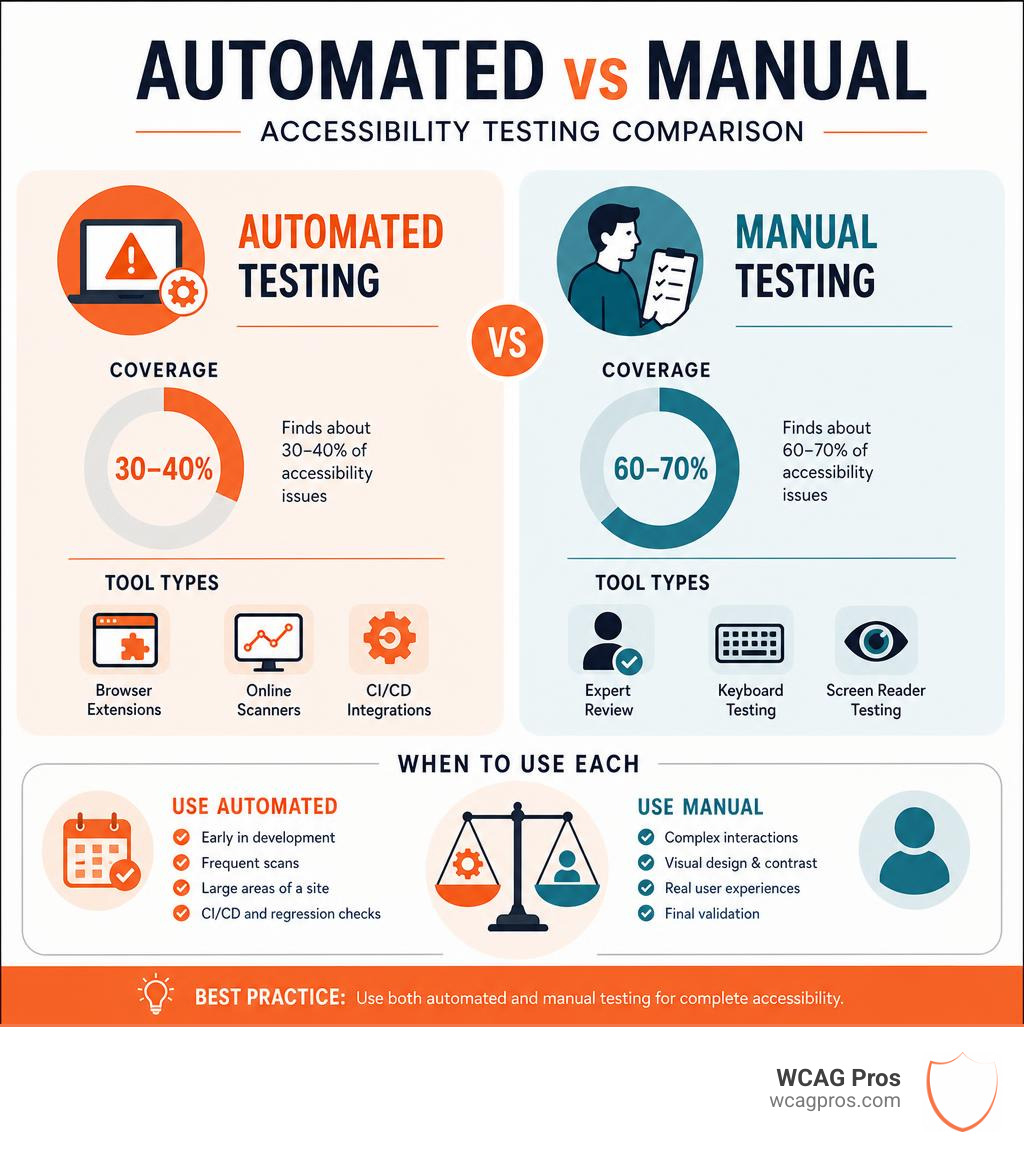 Automated vs manual accessibility testing comparison infographic showing coverage percentages, tool types, and when to use Automated vs manual accessibility testing comparison infographic showing coverage percentages, tool types, and when to use