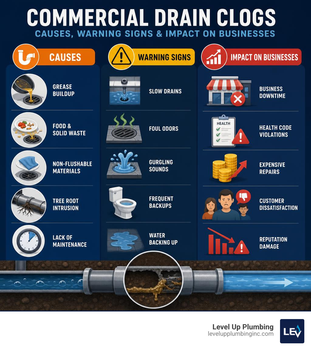Infographic showing causes, warning signs, and impact of commercial drain clogs on businesses infographic