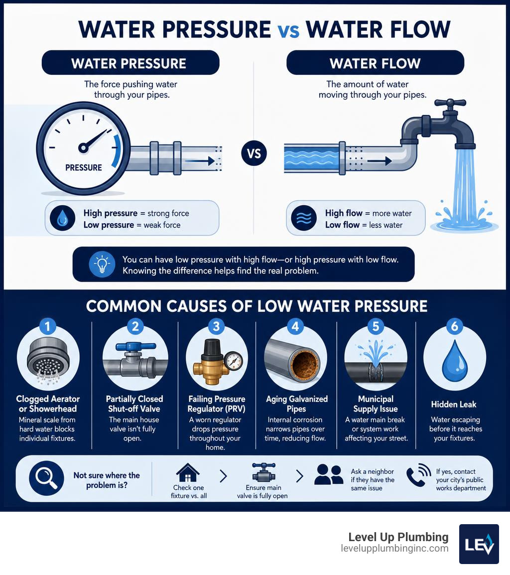 Infographic showing difference between water pressure vs water flow and common causes of low pressure infographic
