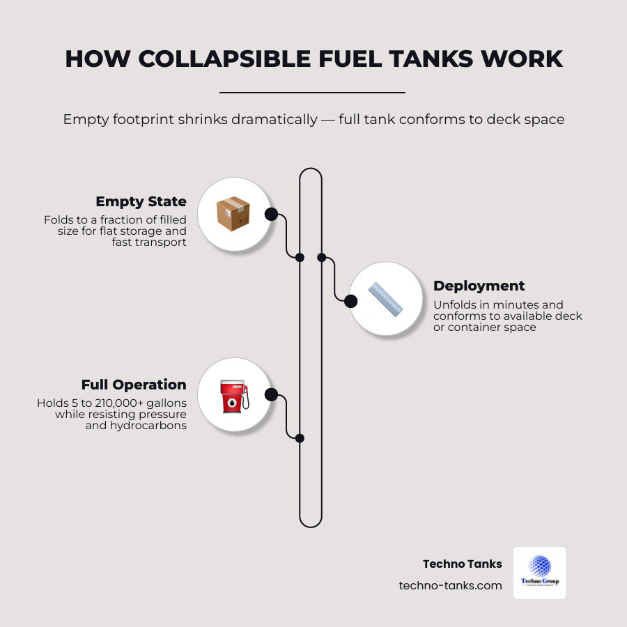 Infographic: How collapsible fuel tanks work — empty vs full footprint, key specs, applications, and capacity range Infographic: How collapsible fuel tanks work — empty vs full footprint, key specs, applications, and capacity range
