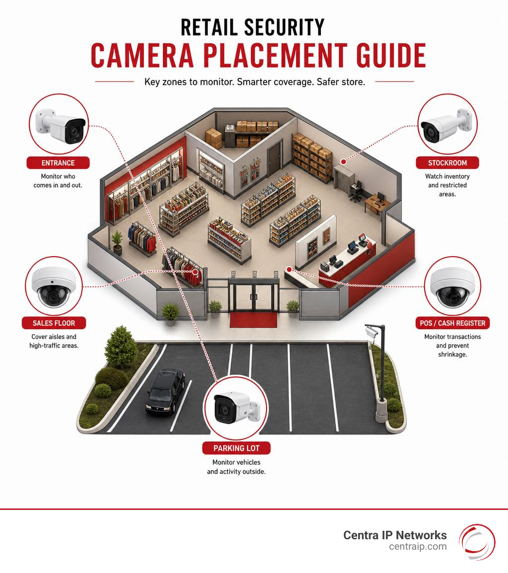 Retail camera placement infographic showing zones: entrance, POS, sales floor, stockroom, and parking lot infographic Retail camera placement infographic showing zones: entrance, POS, sales floor, stockroom, and parking lot infographic