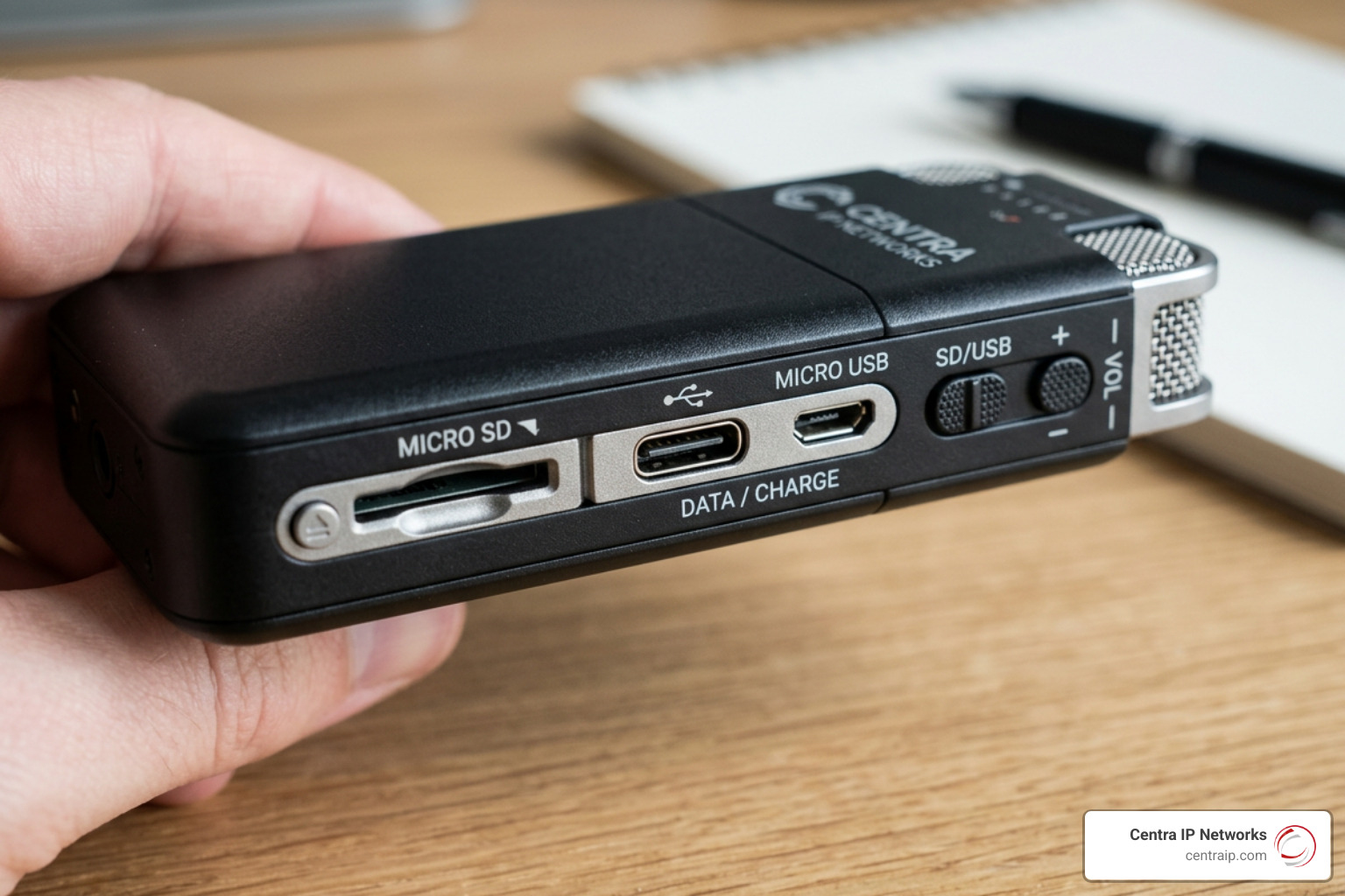 A close-up of a modern digital voice recorder displaying SD card storage capacity and USB connections A close-up of a modern digital voice recorder displaying SD card storage capacity and USB connections