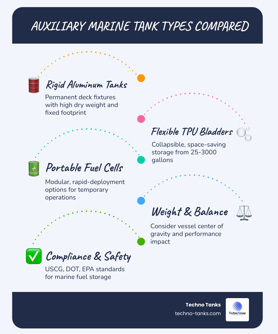 Infographic comparing auxiliary marine tank types: rigid aluminum, flexible bladder, portable fuel cell — capacity, weight Infographic comparing auxiliary marine tank types: rigid aluminum, flexible bladder, portable fuel cell — capacity, weight