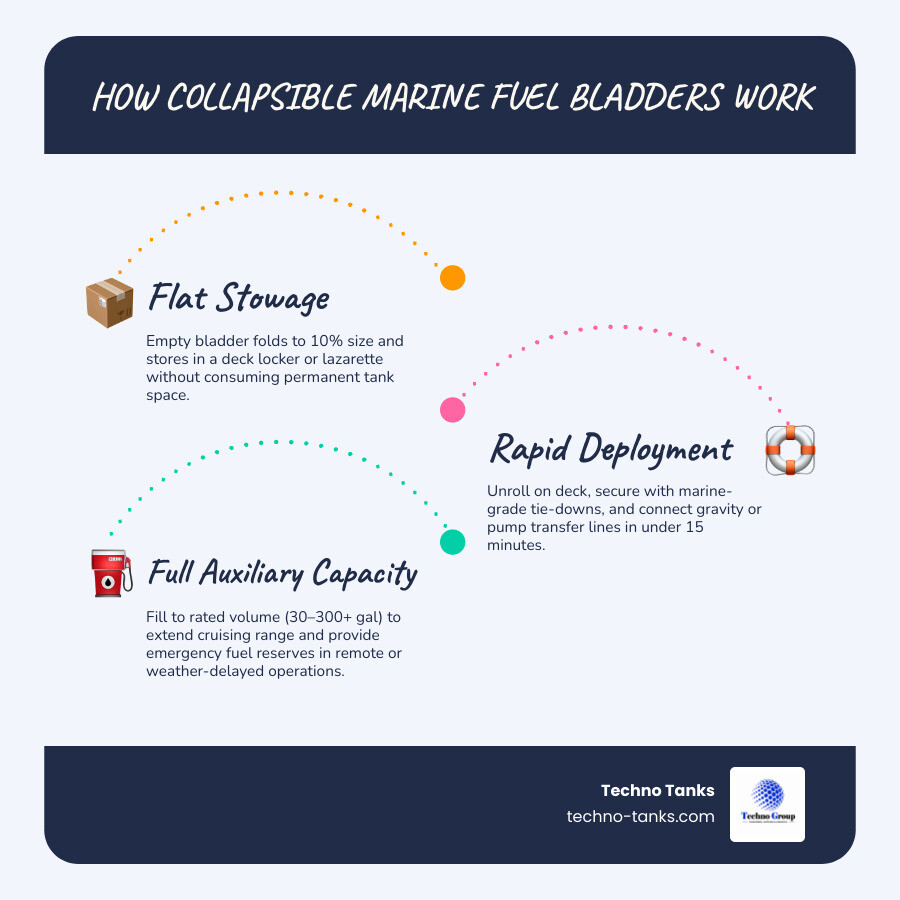 How collapsible marine fuel bladders work: from flat storage to full deployment on deck infographic How collapsible marine fuel bladders work: from flat storage to full deployment on deck infographic