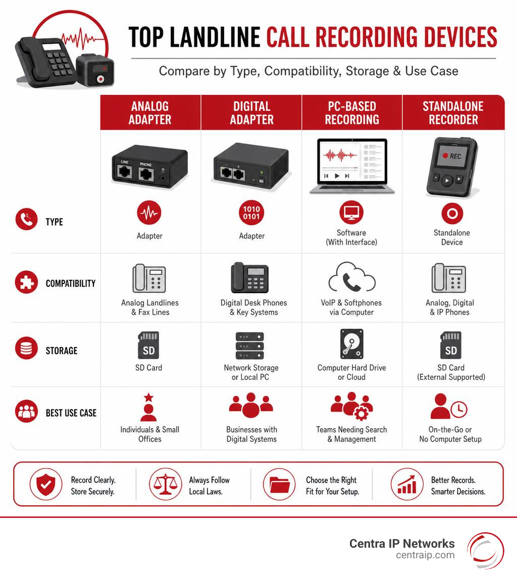 Infographic comparing top landline call recording devices by type, compatibility, storage, and use case infographic Infographic comparing top landline call recording devices by type, compatibility, storage, and use case infographic
